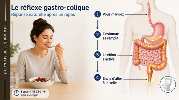 Fonctionnement du réflexe gastro-colique après un repas, de l’estomac jusqu’à l’envie d’aller aux toilettes - Herboristerie Sensathé
